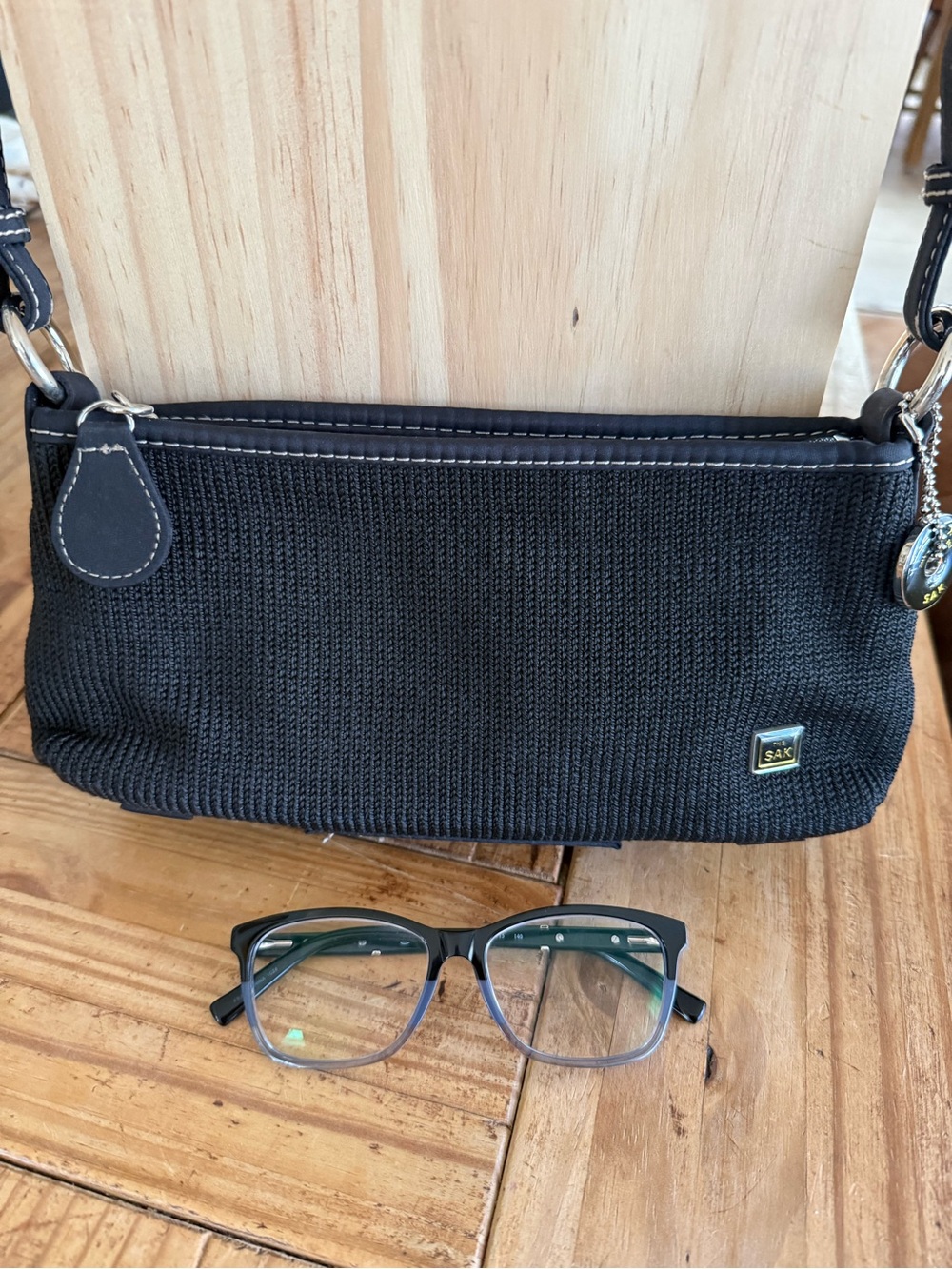 The Sak Black Knit bag with Leather Trim